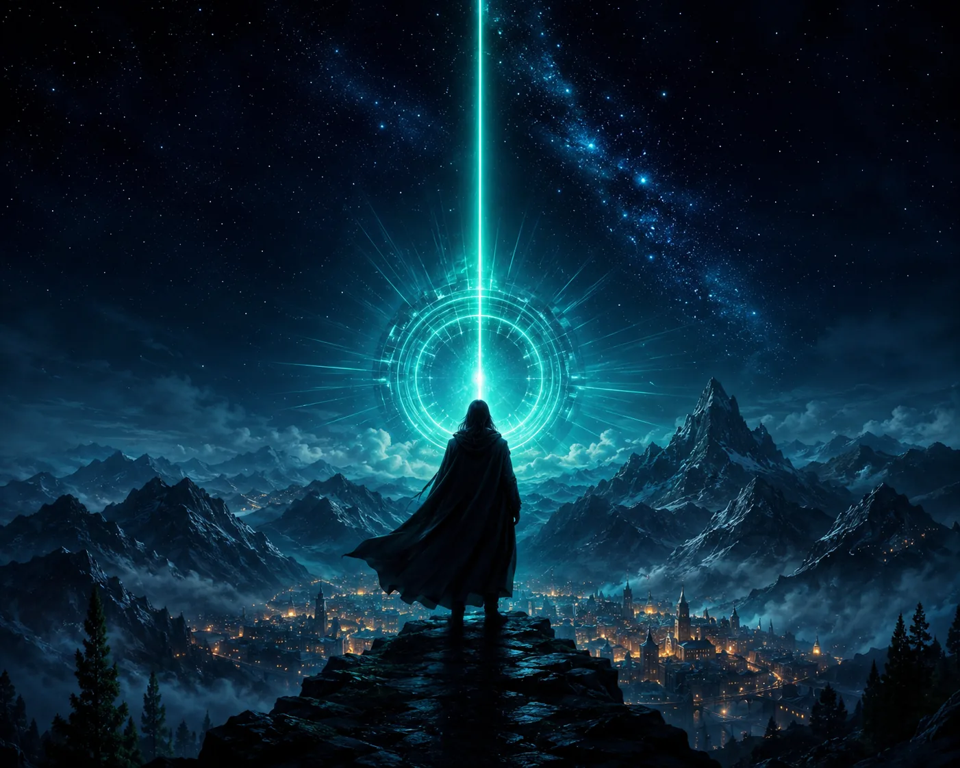 Viajante diante do portal estelar do Universo Anthares